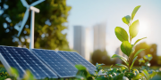 Verduurzamen: zonnepanelen, windmolen en een klein groen plantje wat groeit